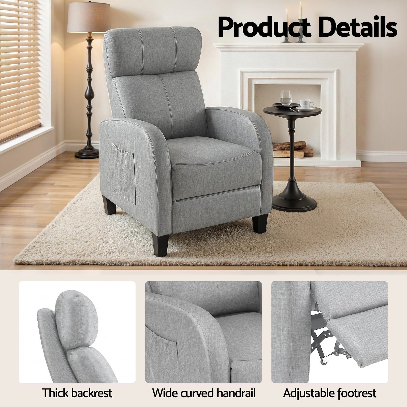 Artiss Massage Recliner Chair Small Recliner Sofa for Adults Fabric Grey