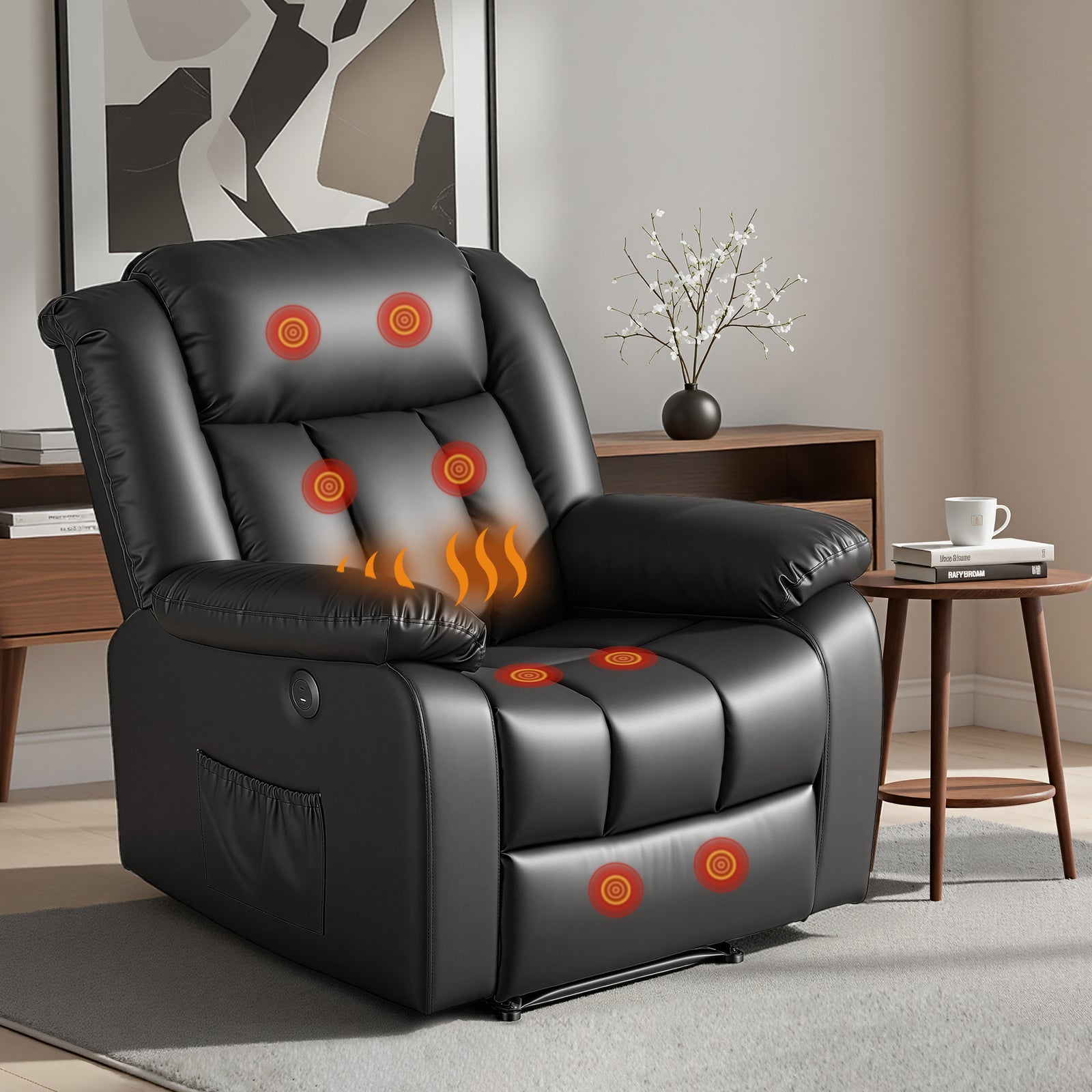 Artiss Manual Massage Recliner Chair for Living Room, Leather Sofa Lounge Reclining Chair with 2 USB Port, 160° Recline Reading Chair with 20CM Wide Armrests, 8 Point Vibration & Lumbar Heat, Black