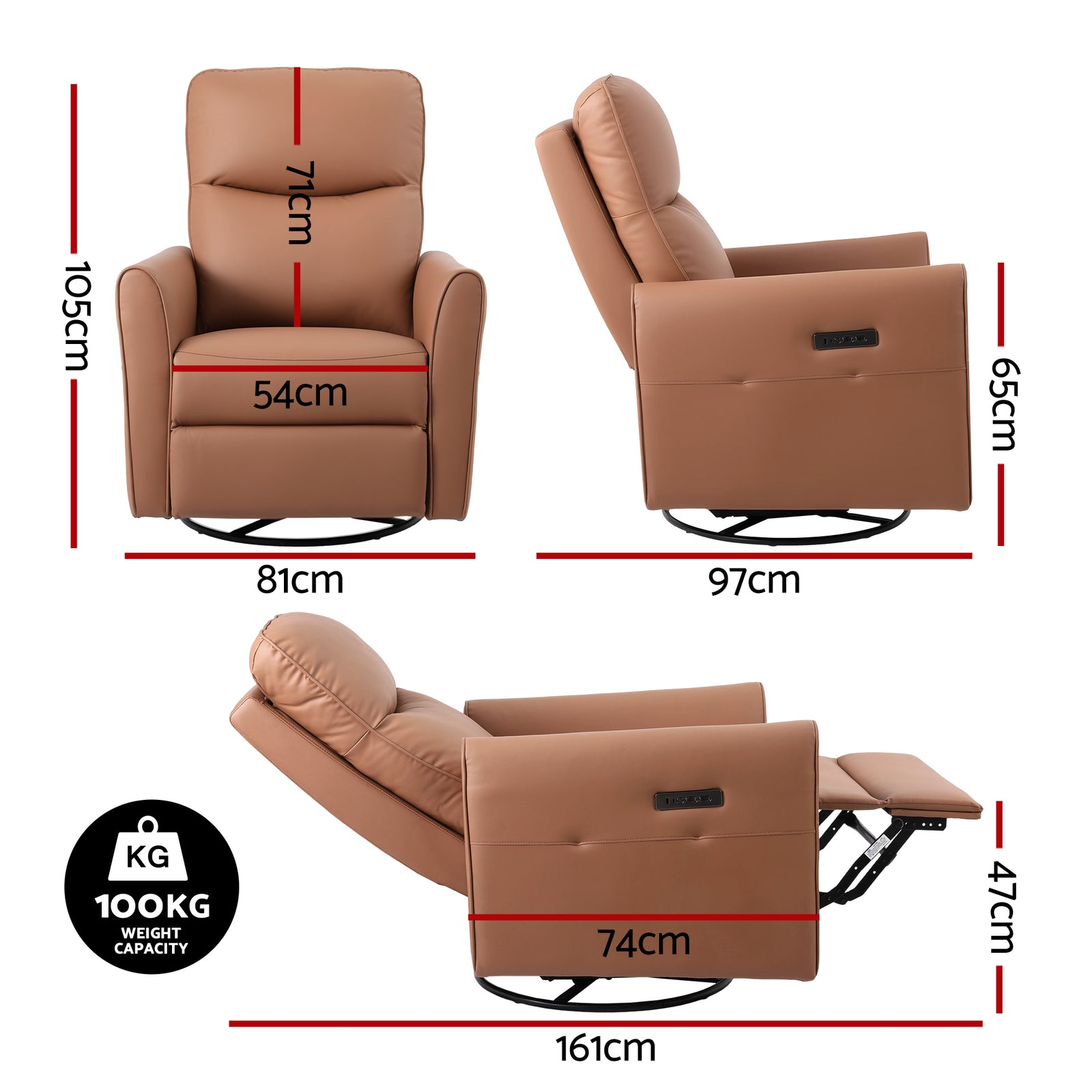 Artiss Swivel Recliner Chair Leather Rocking Reclining Sofa with Charging Ports LED Brown