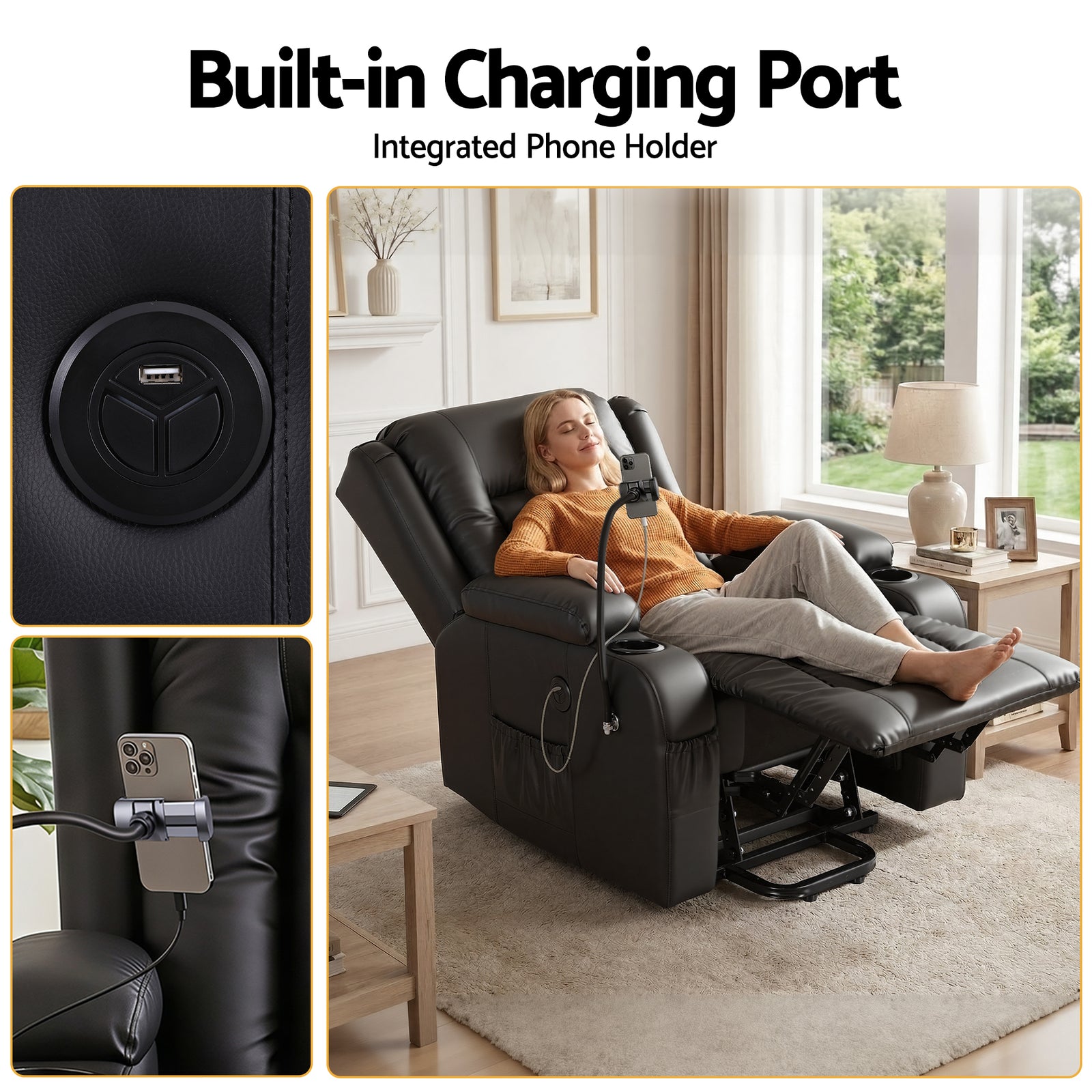 Artiss Power Lift Recliner Chair with Massage and Heat for Elderly, Electric Sofa Reclining Chair with USB and Phone Holder, PU Leather Comfy Armchair for Living Room, 2 Cup Holder & 4 Pockets, Black