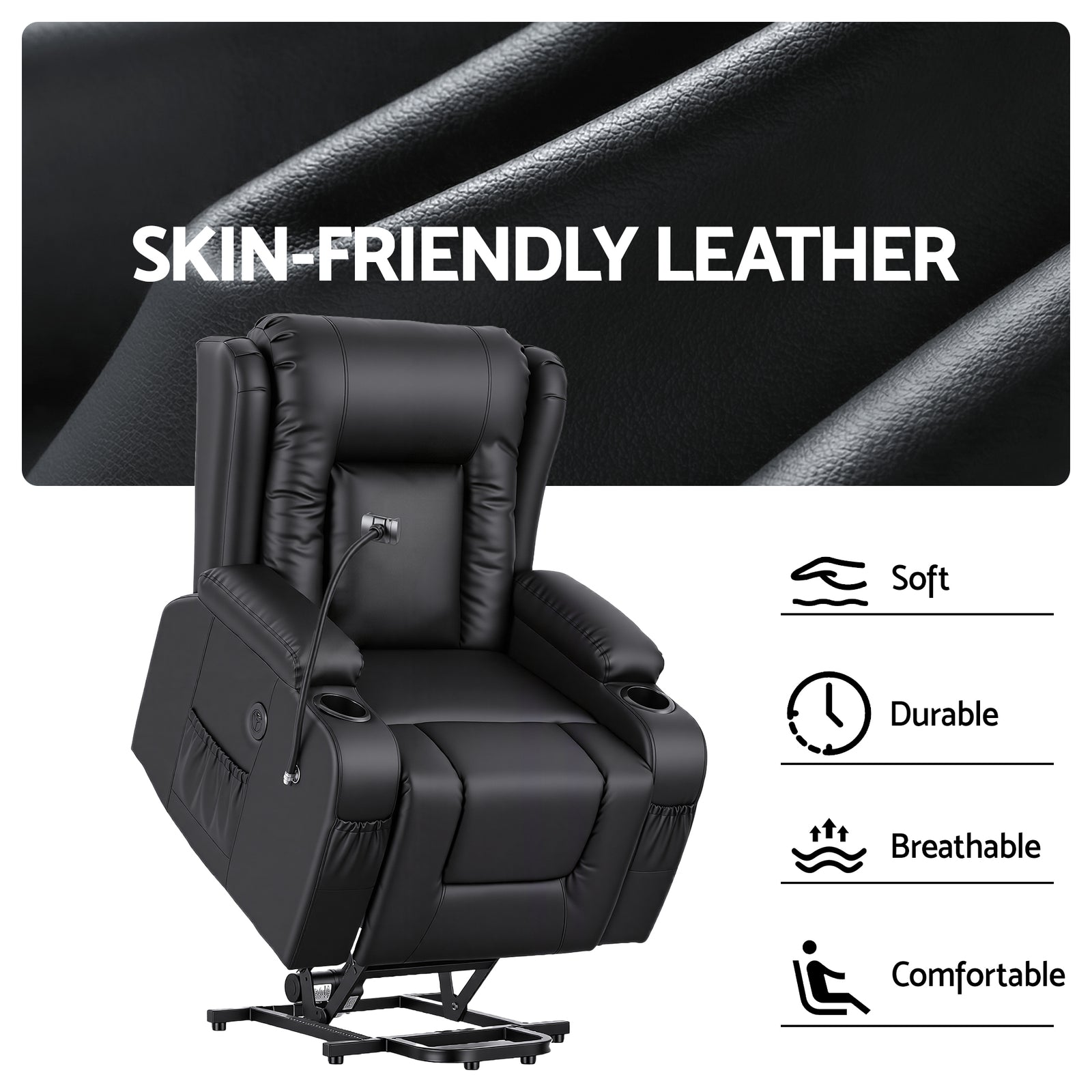 Artiss Power Lift Recliner Chair with Massage and Heat for Elderly, Electric Sofa Reclining Chair with USB and Phone Holder, PU Leather Comfy Armchair for Living Room, 2 Cup Holder & 4 Pockets, Black