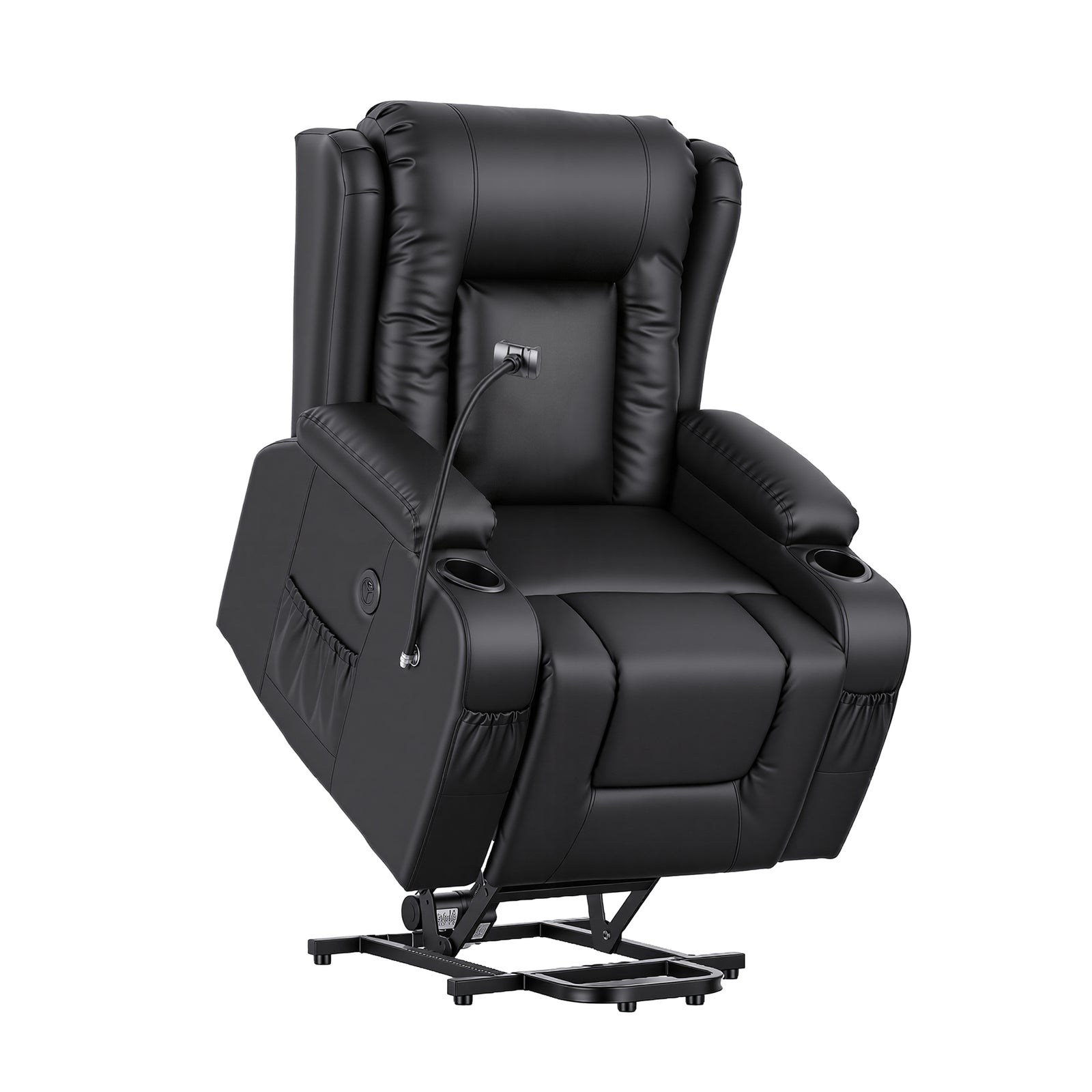 Artiss Power Lift Recliner Chair with Massage and Heat for Elderly, Electric Sofa Reclining Chair with USB and Phone Holder, PU Leather Comfy Armchair for Living Room, 2 Cup Holder & 4 Pockets, Black