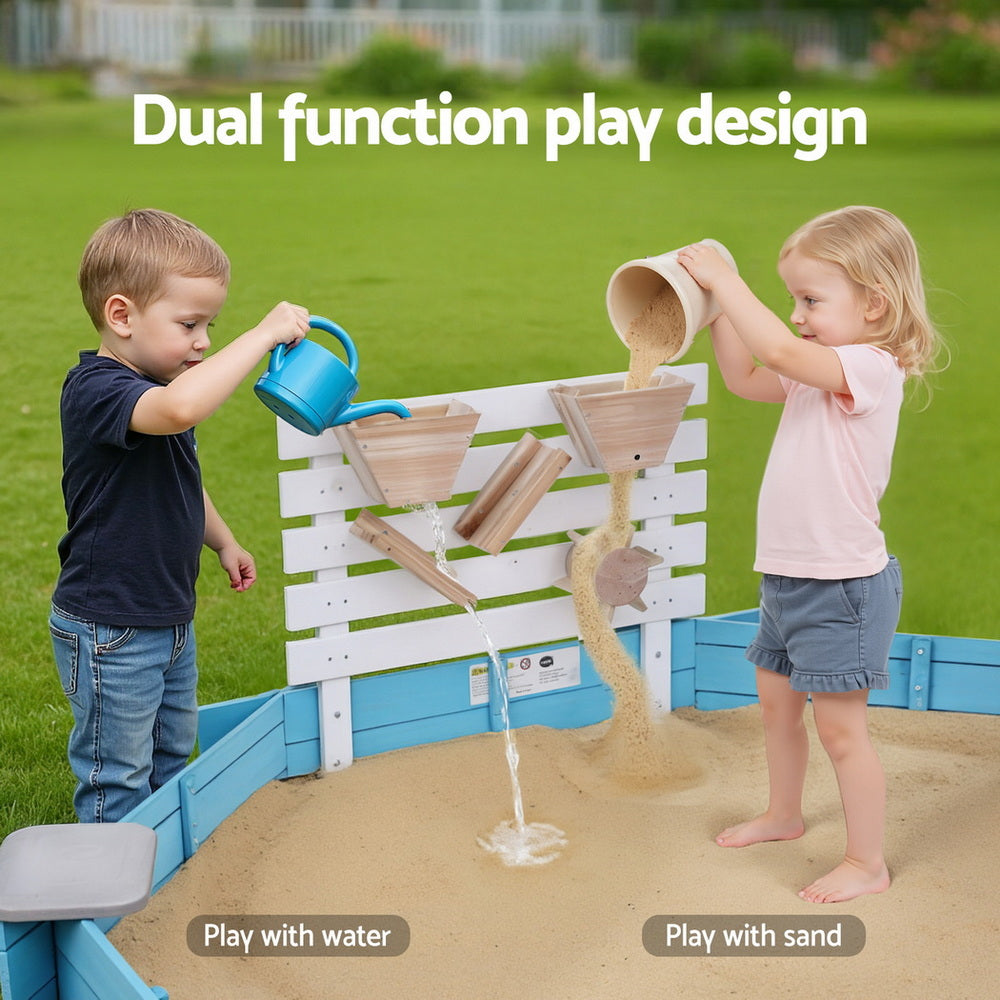 Keezi Kids Sandpit Wooden Round Sand Pit with Cover Funnel Bench Seat Beach Toys 215cm