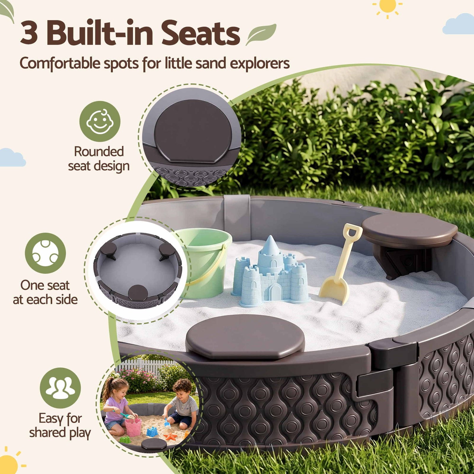 Kids Outdoor Sandpit Toys Sandbox 121cm Round Brown 3 Seats Cover Liner