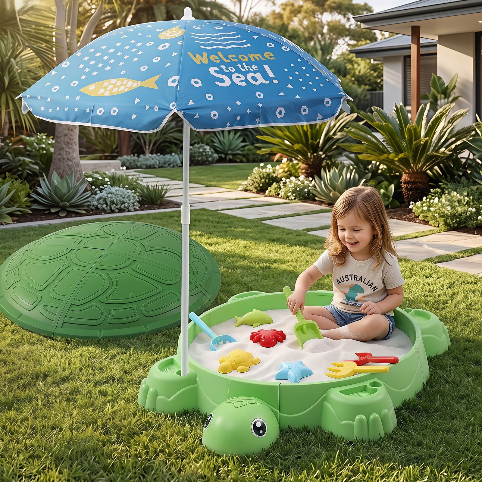 Keezi Kids Sandpit Turtle Sandbox Toys with Umbrella Lid Green 8 Accessories 3+