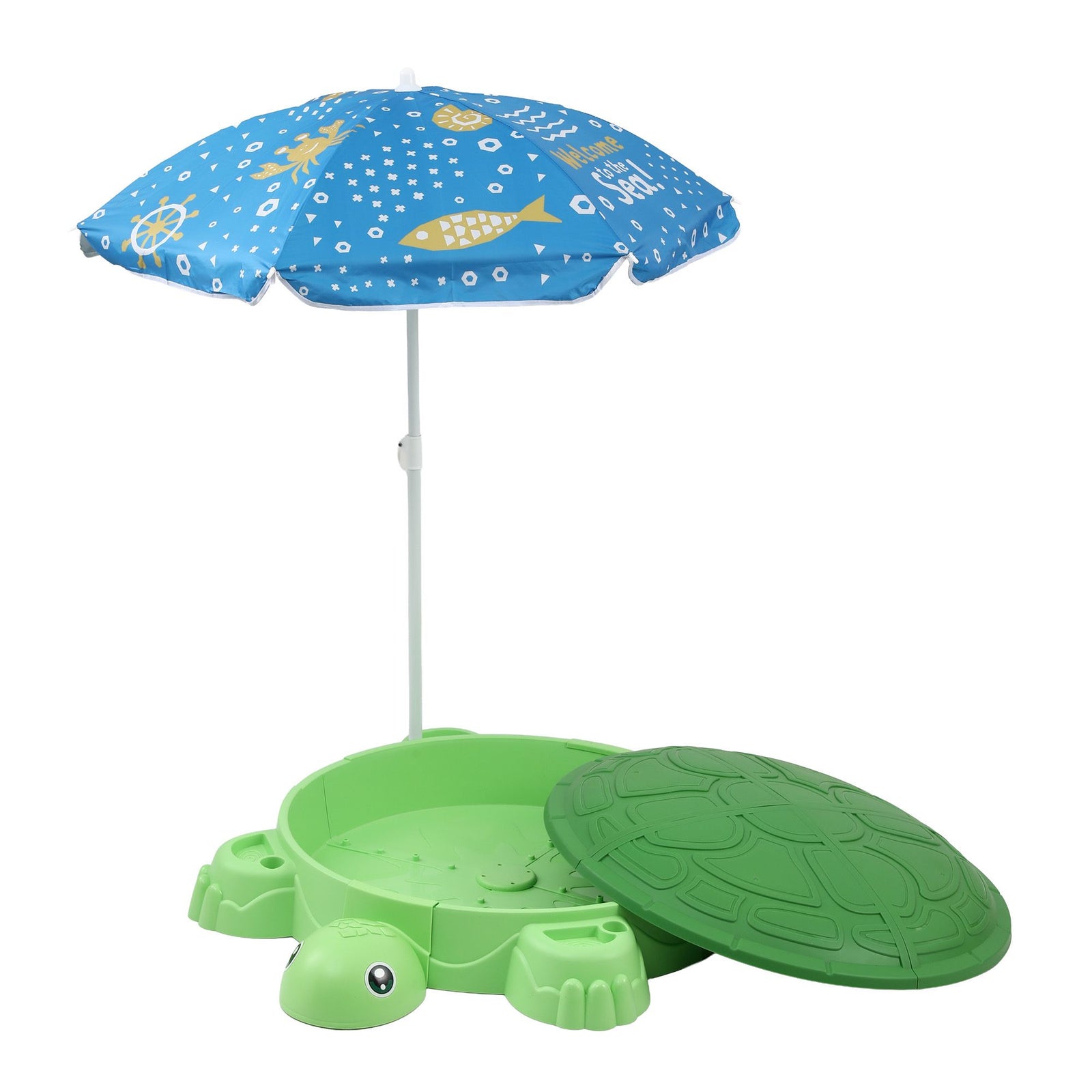 Keezi Kids Sandpit Turtle Sandbox Toys with Umbrella Lid Green 8 Accessories 3+