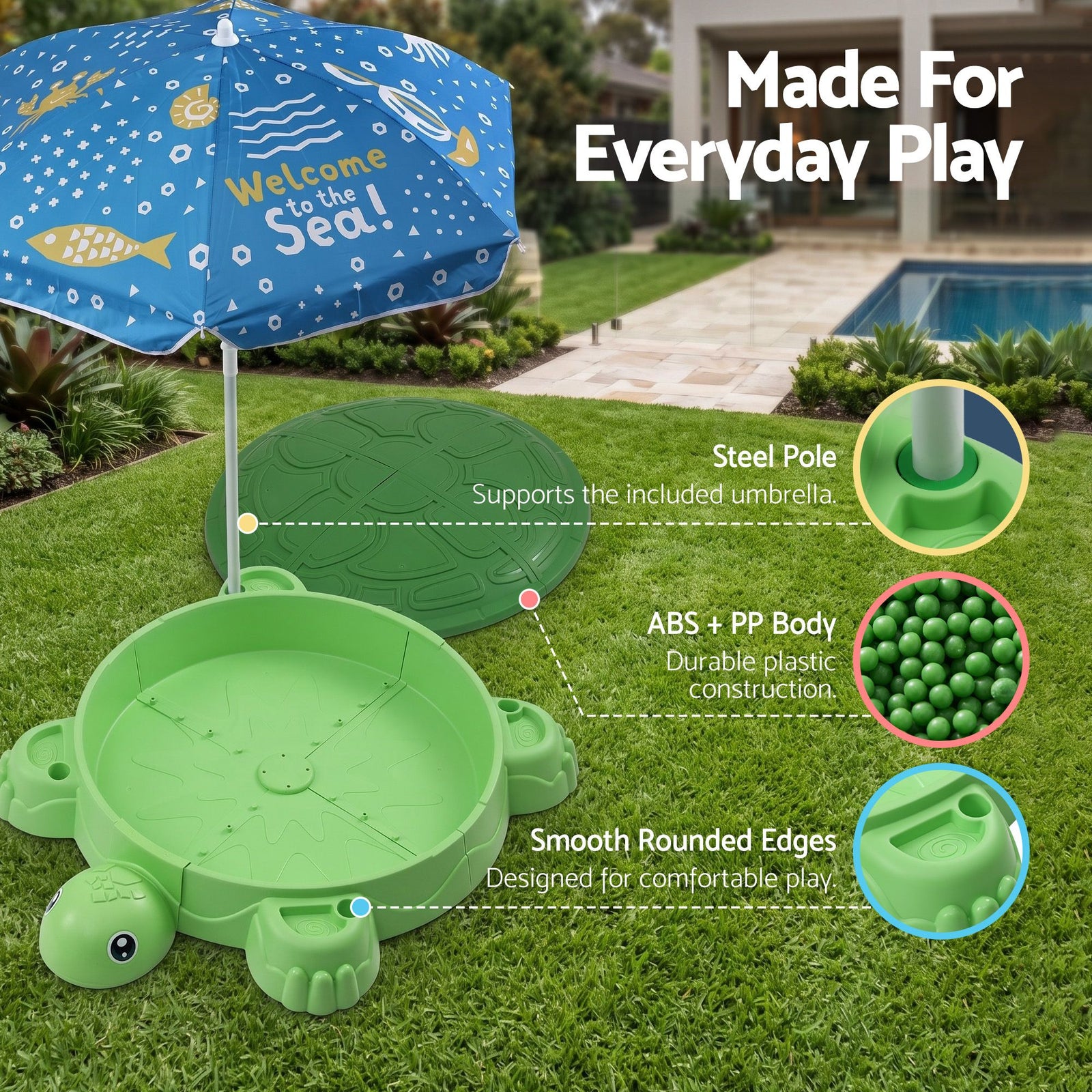Keezi Kids Sandpit Turtle Sandbox Toys with Umbrella Lid Green 8 Accessories 3+