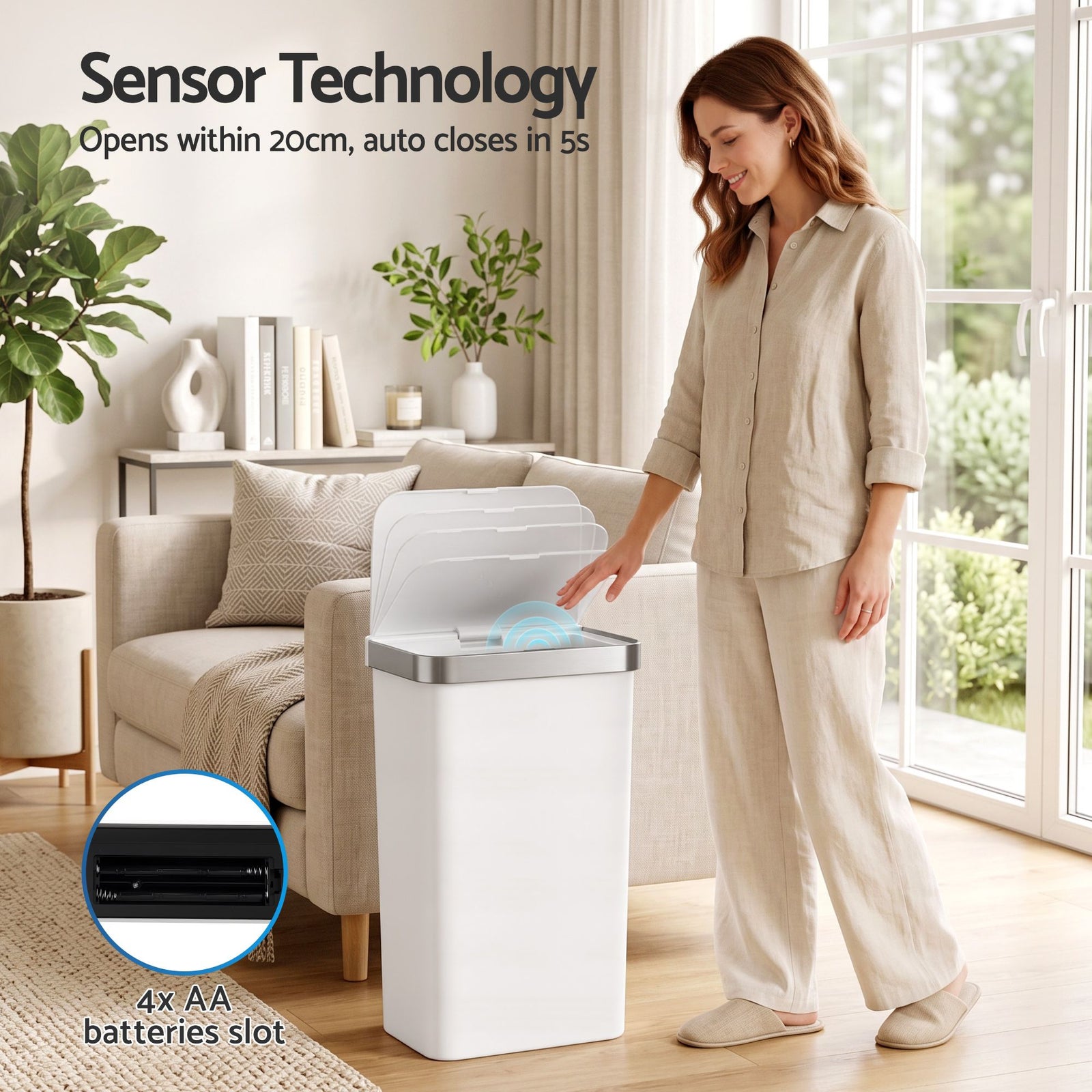 Devanti 50L Motion Sensor Trash Bin Automatic Kitchen Waste Dustbin White