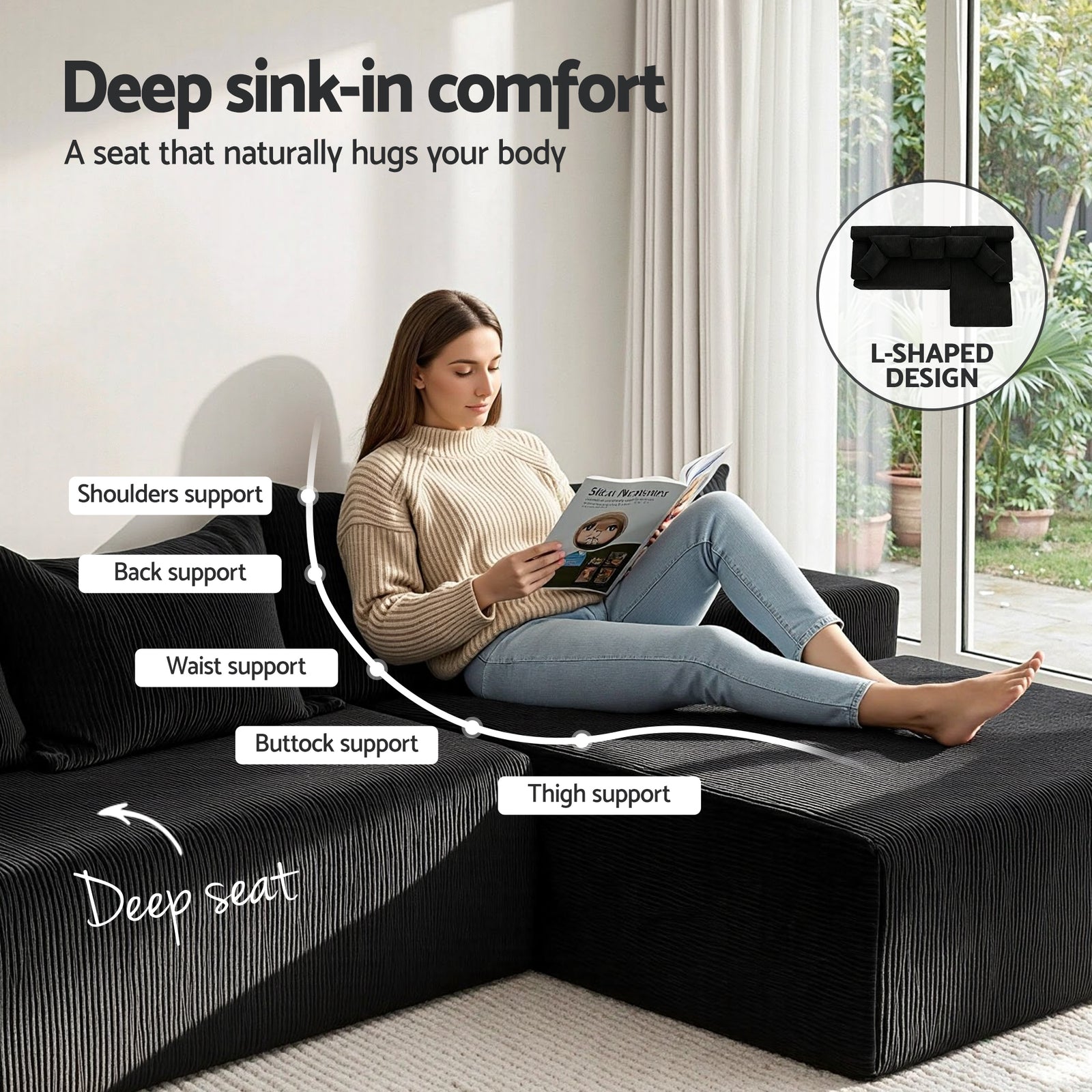 Artiss Modular Sectional Sofa Bed Convertible L-Shaped Couch with Deep Seat for Living Room
