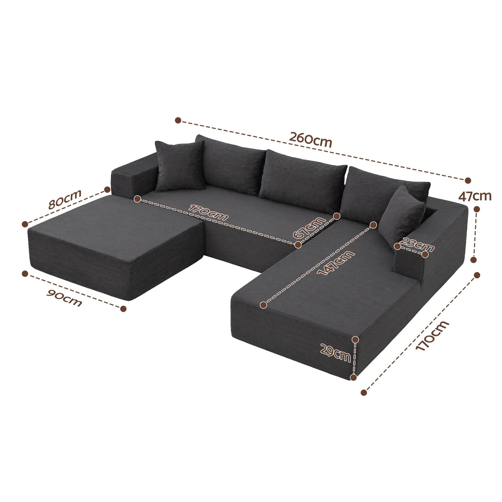 Artiss Modular Sectional Sofa Bed U-Shape 4-Seater Couch Chaise Ottoman Corduroy
