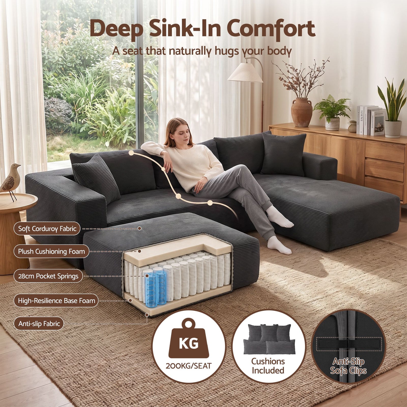 Artiss Modular Sectional Sofa Bed U-Shape 4-Seater Couch Chaise Ottoman Corduroy