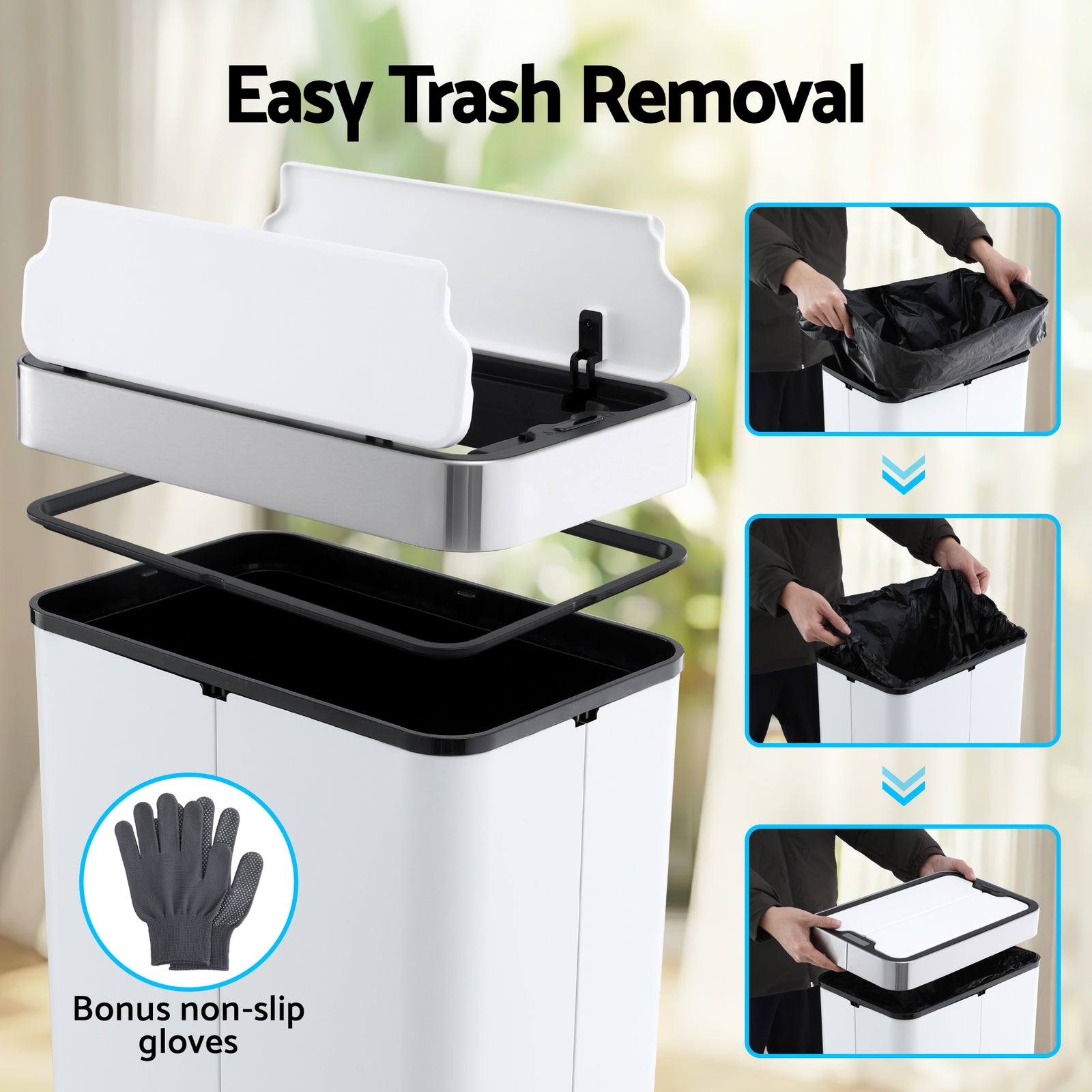 Devanti Rubbish Bin 70L Automatic Sensor Kitchen Bin, Slim Smart Garbage Can Touchless Rectangular with Liner Holder, Fully Closed Lid for Bedroom, Bathroom, Living Room, White