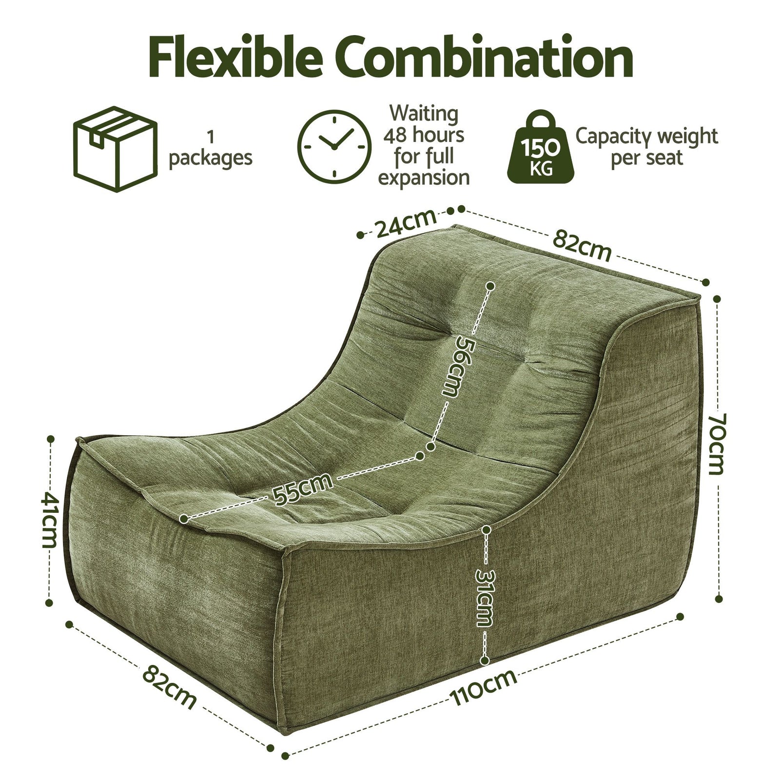 Artiss Sofa & Coffee Table Set Armless Chenille No Assembly Green White & Black