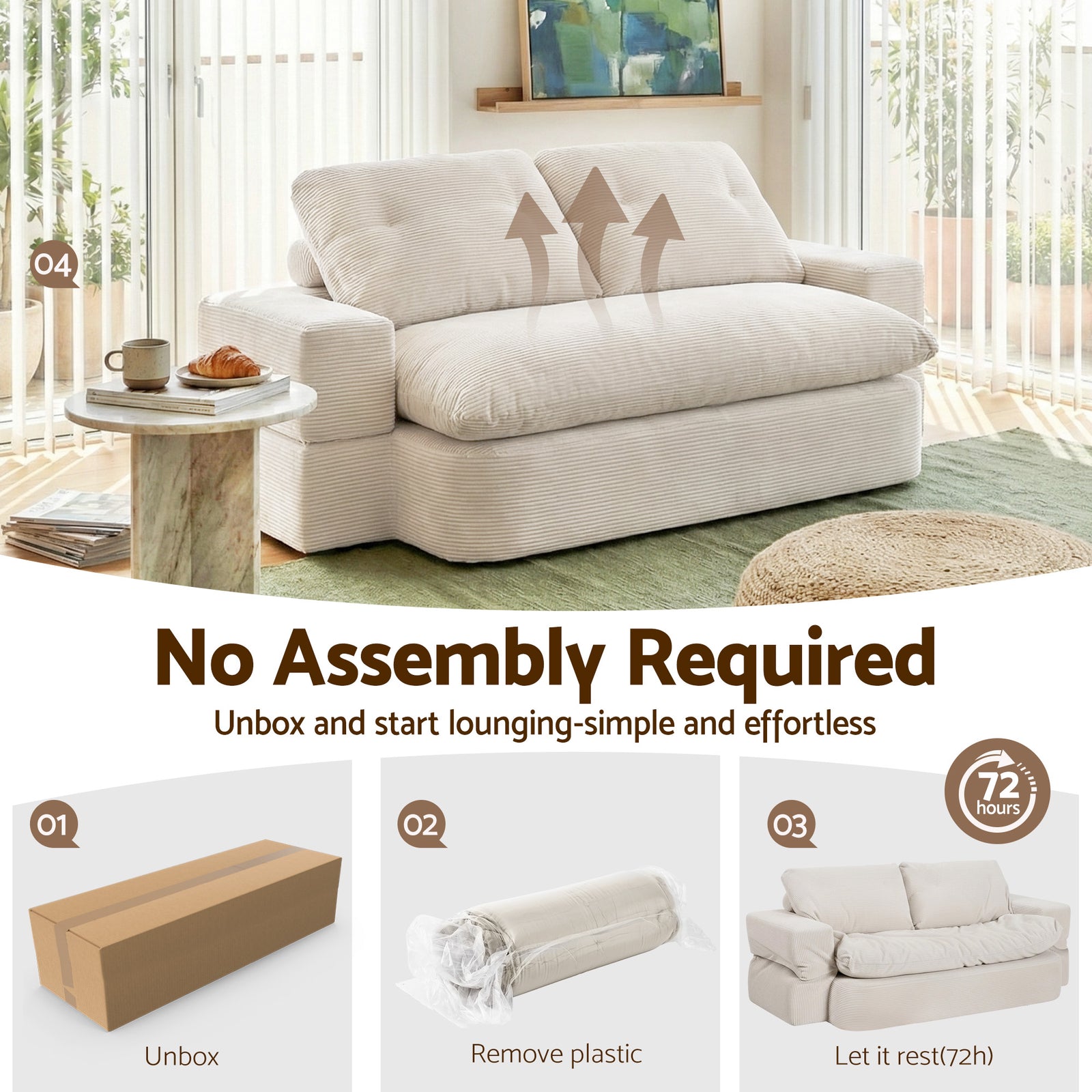 Artiss Convertible Folding Sofa Bed 30D High-Density Foam Boneless Couch with Corduroy Sleeper Couch Lounger for Living Room Beign