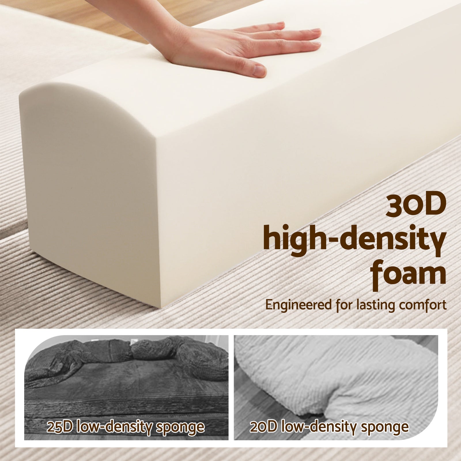 Artiss Convertible Folding Sofa Bed 30D High-Density Foam Boneless Couch with Corduroy Sleeper Couch Lounger for Living Room Beign