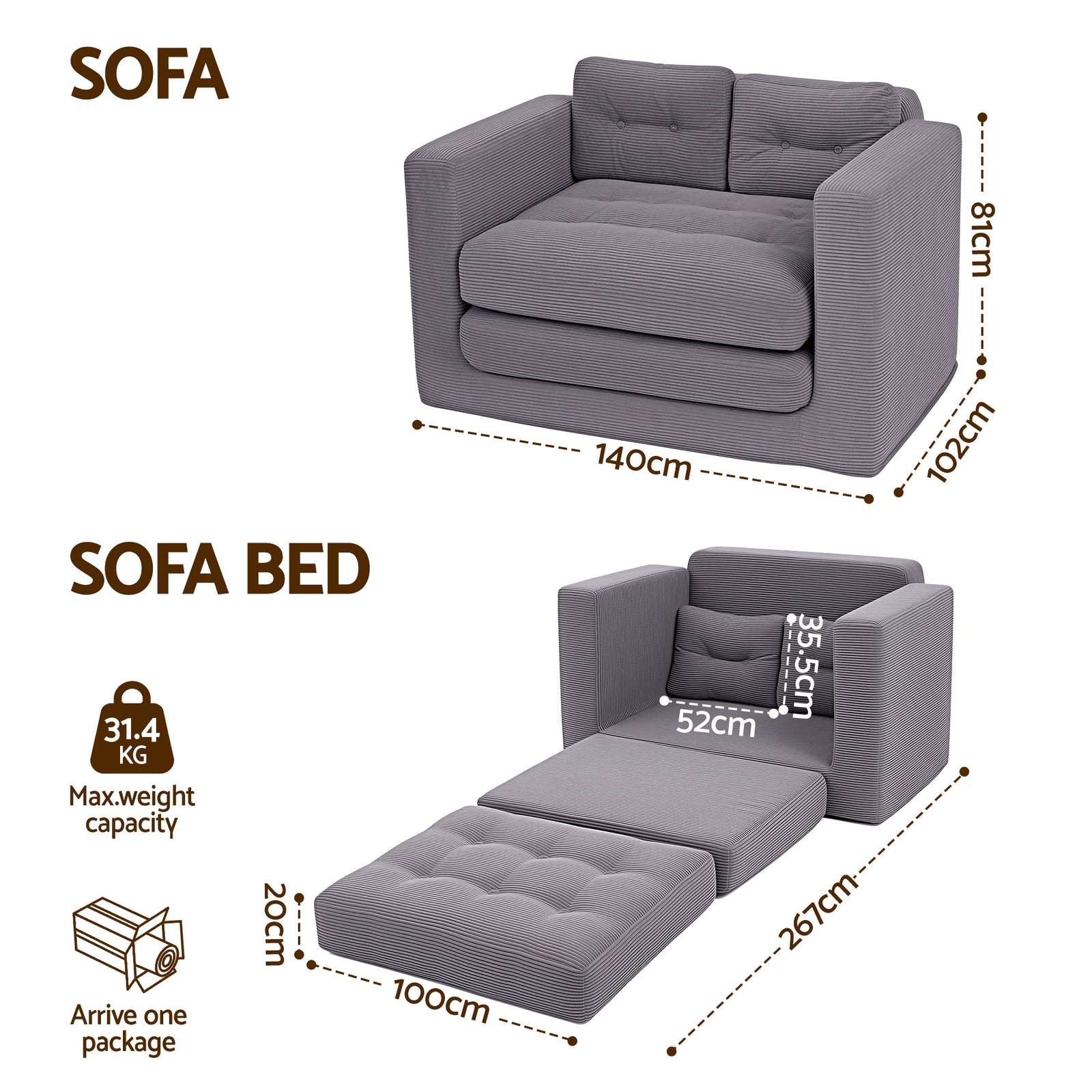 Artiss 2 Seater Corduroy Convertible Sofa Bed Pull Out Boneless Couch Grey