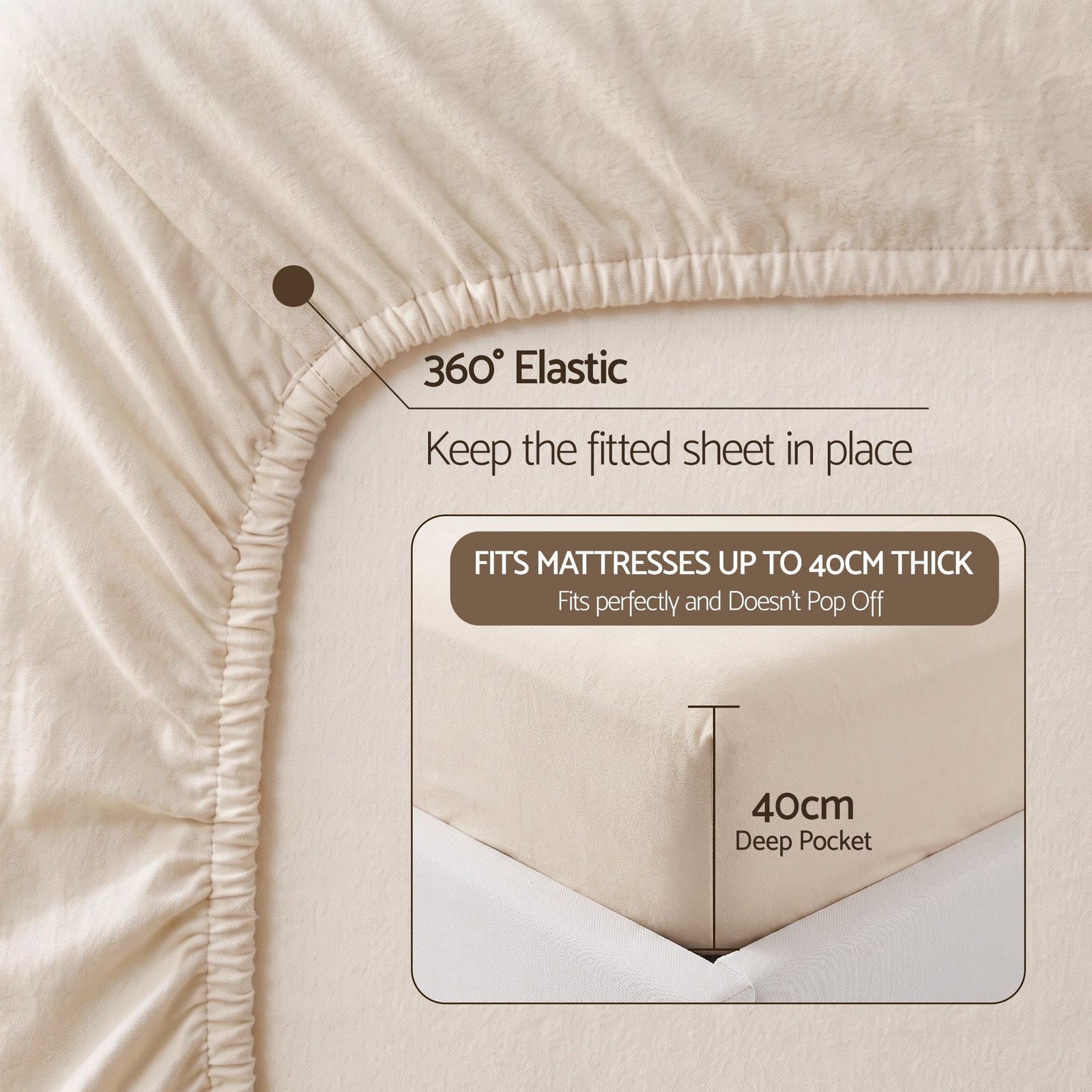 Giselle Single Sheet Set 150 GSM Anti-pilling Micro Flannel, Fast Drying Lightweight 4 Piece, 40CM Deep Pocket Fits Thick Mattress, Cream White