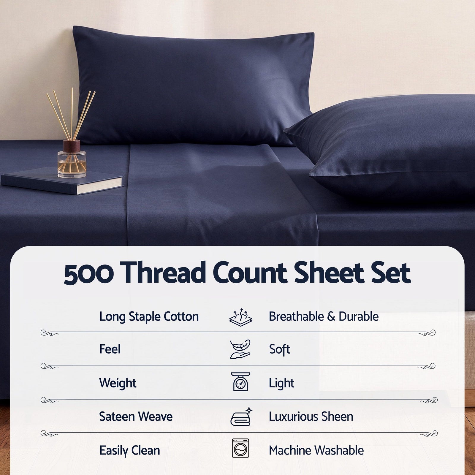 Giselle King 500TC Cotton 4Pcs Sheet Set with 40cm Extra Deep Pocket for Thick Mattresses Sateen Weave for Sweaty Nights Navy Blue