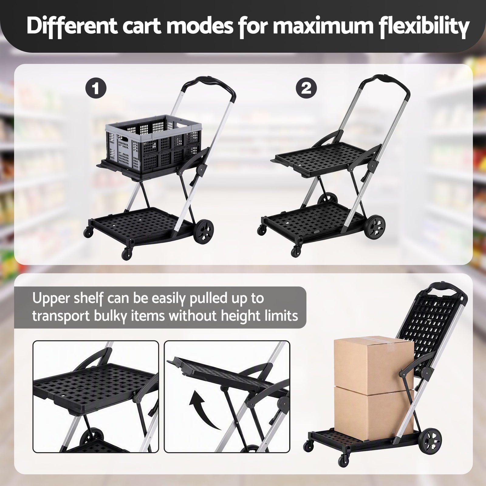 Artiss Shopping Trolley with Wheels 2 Layer w/1 Crate Foldable Trolley Grey