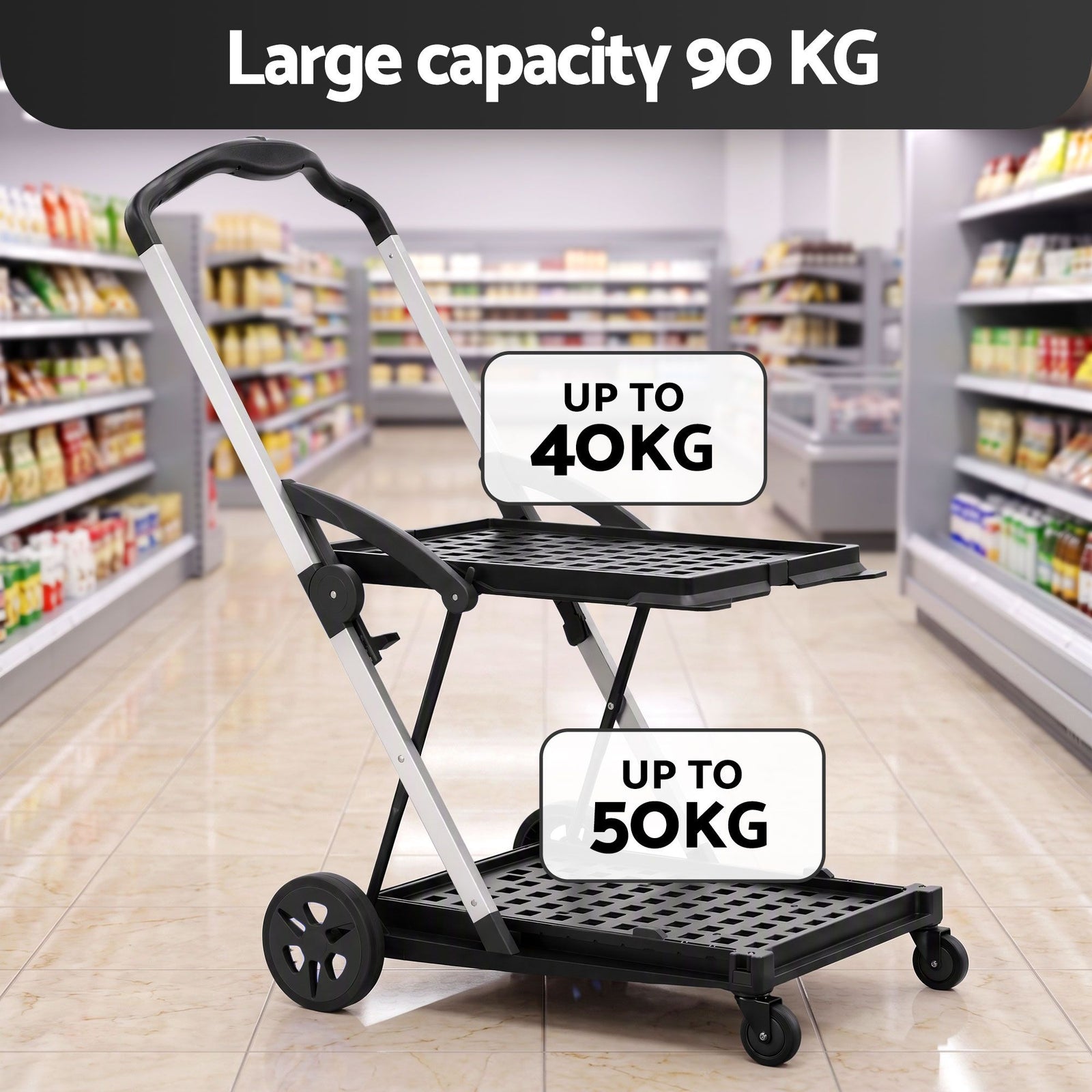 Artiss Shopping Trolley with Wheels 2 Layer w/2 Crates Foldable Trolley Black