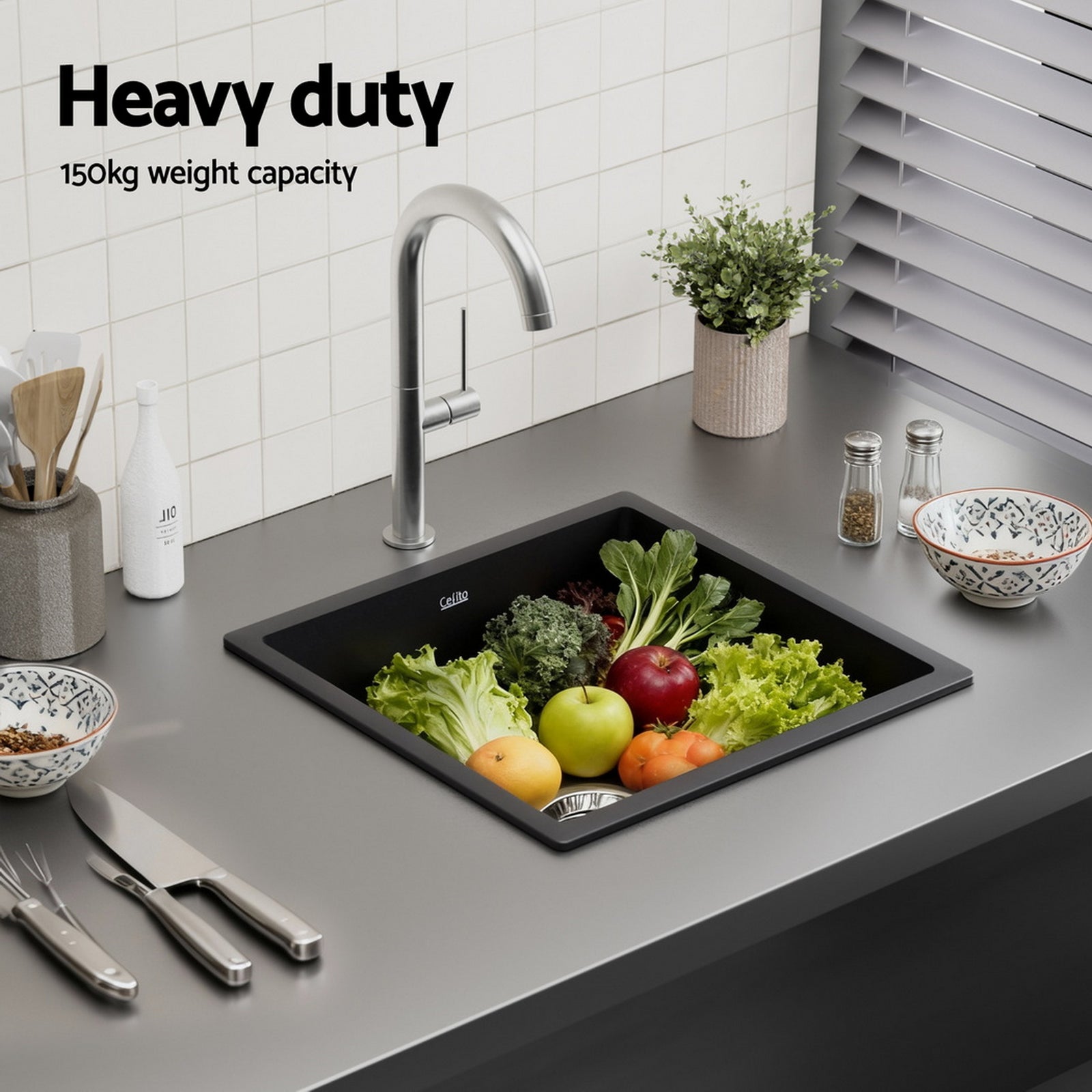 Cefito Kitchen Sink 38x38cm Granite Stone Sink Single Bowl Black