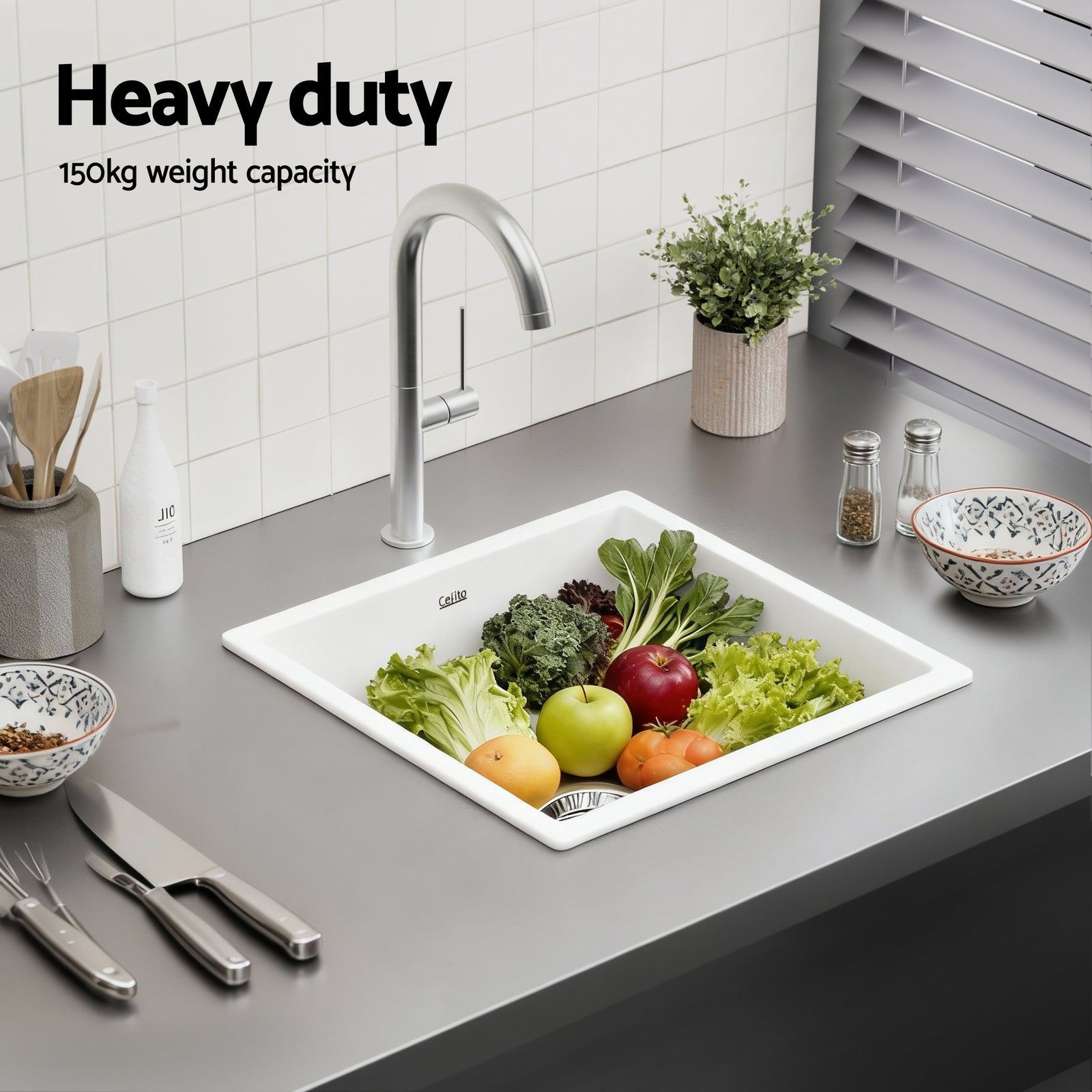 Cefito Kitchen Sink 45x45cm Granite Stone Sink Single Bowl White