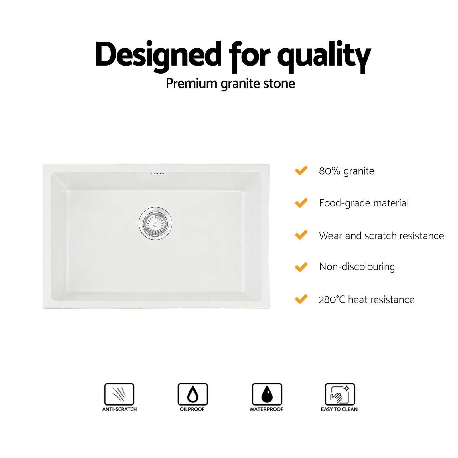 Cefito Kitchen Sink 70x45cm Granite Stone Sink Single Bowl White