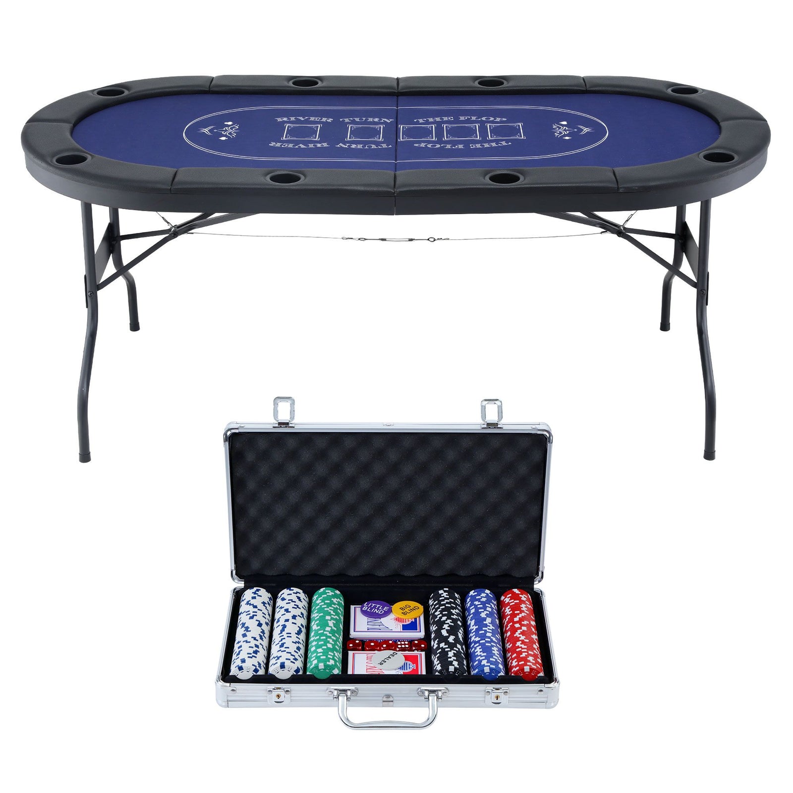 8 Player 1.8m Folding Poker Table and 300pcs Chips Set Portable Card Game Blue Layout Blue