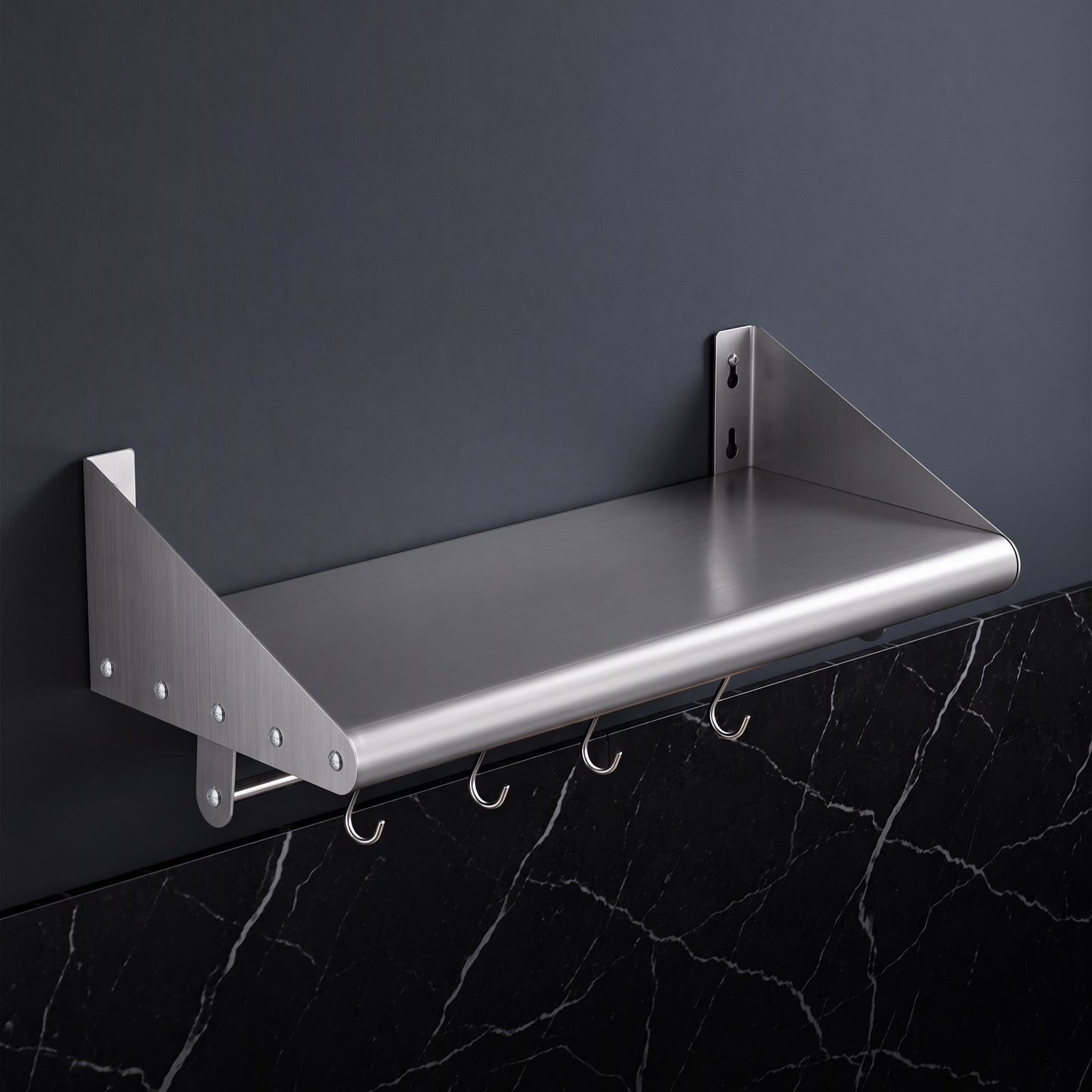 Cefito 610mm 430 Stainless Steel Wall Shelf with Hooks and Side Guards
