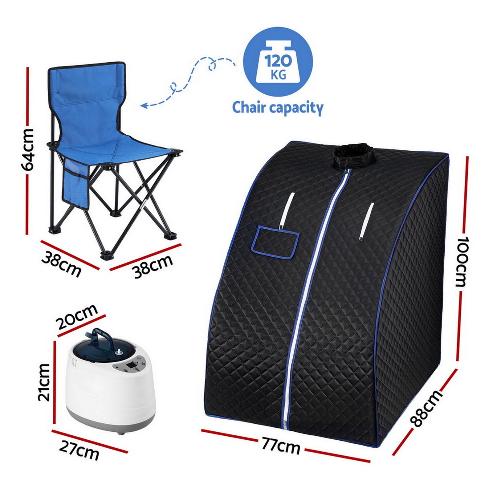 Devanti Portable Steam Sauna Tent 1000W 2L Steamer Pot Personal Home SPA Timer