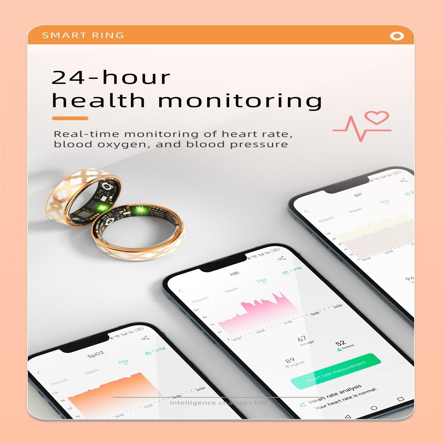 Smart Ring With Heart Rate Blood Oxygen Sleep Monitoring - Rose Gold Size 8-1964932202127036423