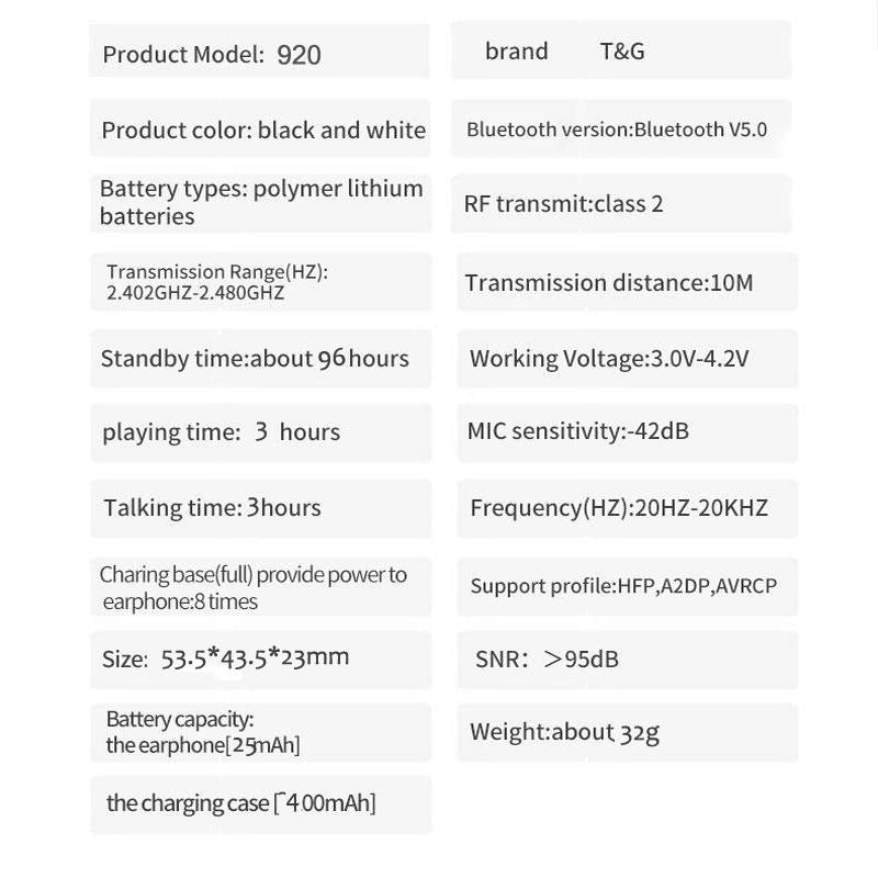 Clear Hi-Fi Sound T & G Tg920 Tws Touch Control Wireless Earbud 5.0-1915197510595514376