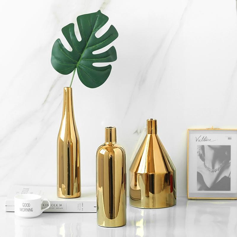 Gold Plated Ceramic Flower Vase - Desktop Decorative Three-Piece Set-1915197834530000896