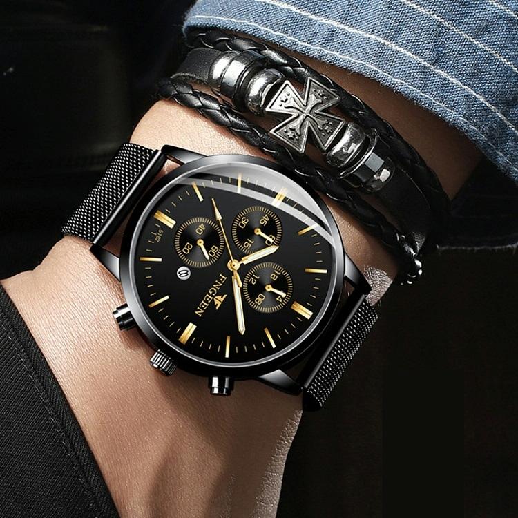 Men Three-Eye Luminous Quartz Watch - Black / Gold-1915196529359065095