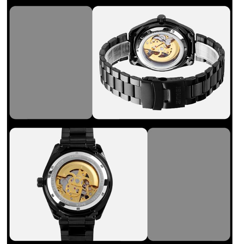 Men Automatic Skeleton Mechanical Watch With Steel Band - Black-1915198277171679238