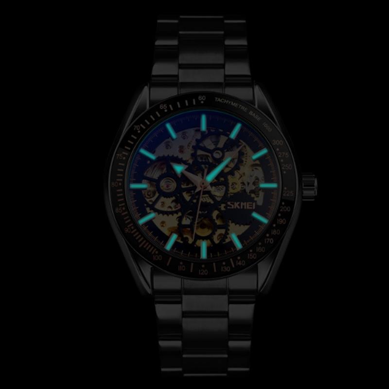 Men Automatic Skeleton Mechanical Watch With Steel Band - Black-1915198277171679240