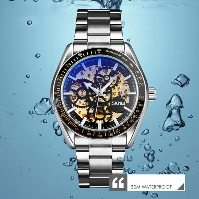 Rose Gold Automatic Skeleton Watch For Men With Steel Band-1915197798190551044