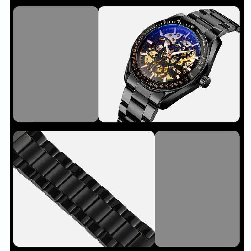 Rose Gold Automatic Skeleton Watch For Men With Steel Band-1915197798190551045