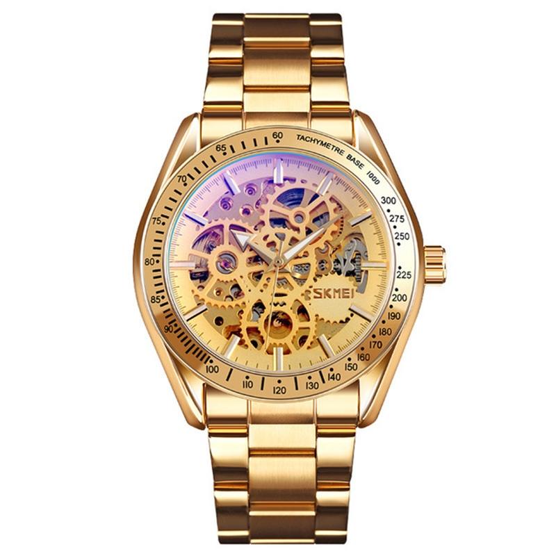 Golden Steel Band Automatic Skeleton Watch For Men-1915197616329723905