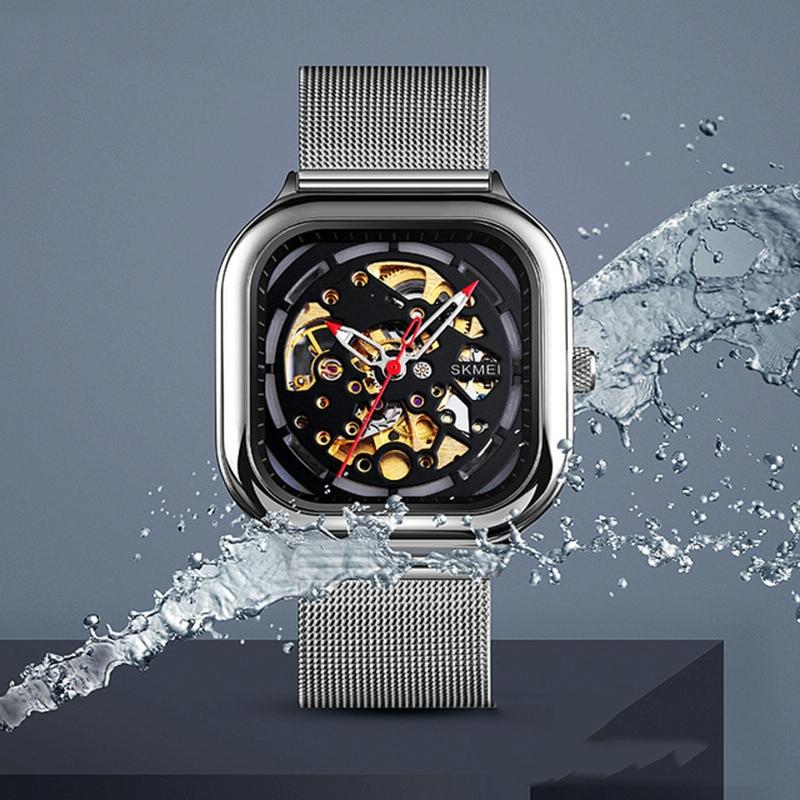 Men Automatic Tourbillon Watch With Mesh Band - Silver-1915198143587291139