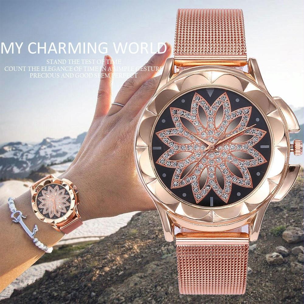 Rose Gold Flower Bracelet Watch With Rhinestone Mesh-1915196861661188104
