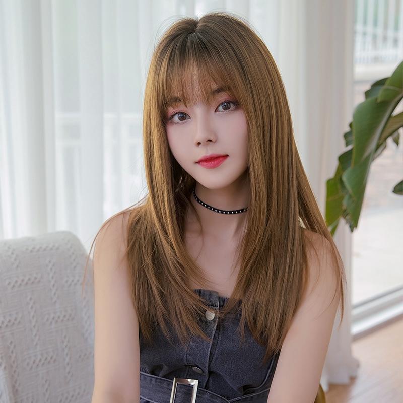Sleek Long Hair Wig Set With Air Bangs - Cool Style-1915198088356696070