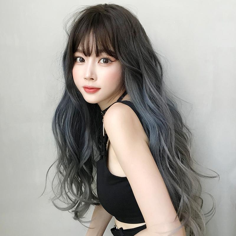 Gradient Fog Blue Gray Long Hair Wig - 68Cm Length-1915196898084524039