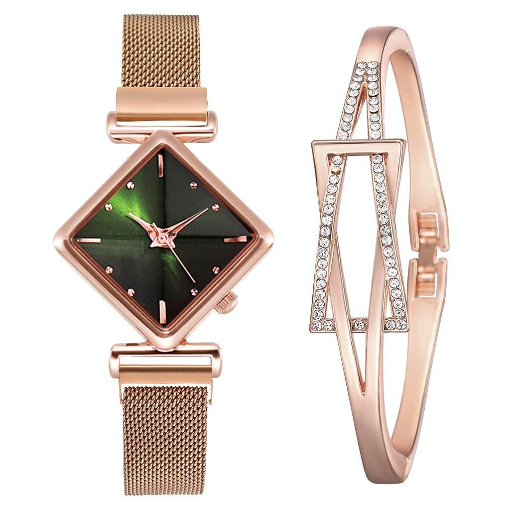 Rose Gold Diamond Dial Watch With Green Bracelet - Women-1922443386757976064