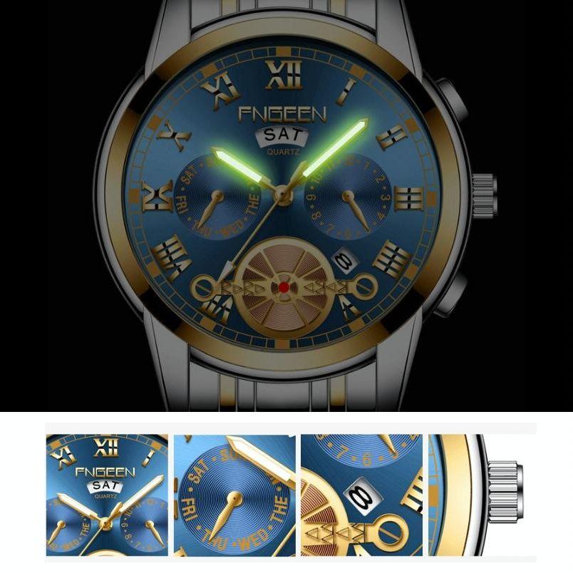 Men Multi-Function Quartz Watch With Blue Dial And White Steel Band-1915197993368293379