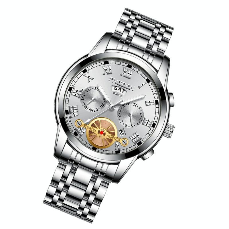Men Multi-Function Quartz Watch - White Steel With White Surface-1922443447499886593