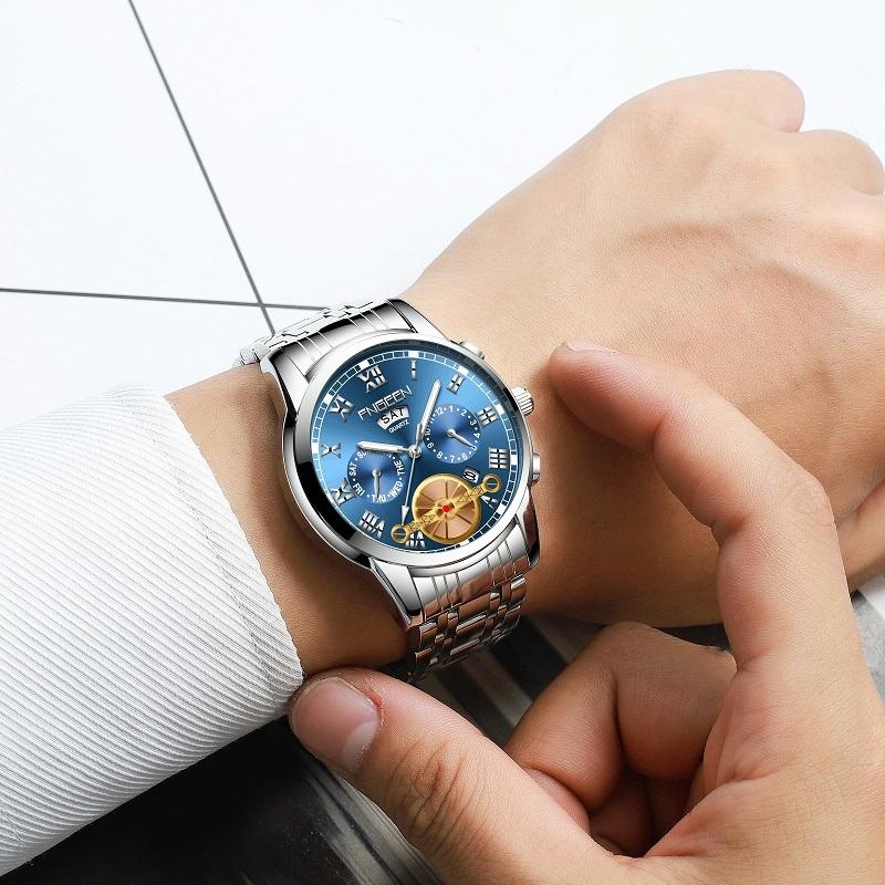 Men Multi-Function Quartz Watch With Brown Leather Strap And Gold Blue Dial-1915197644569972742
