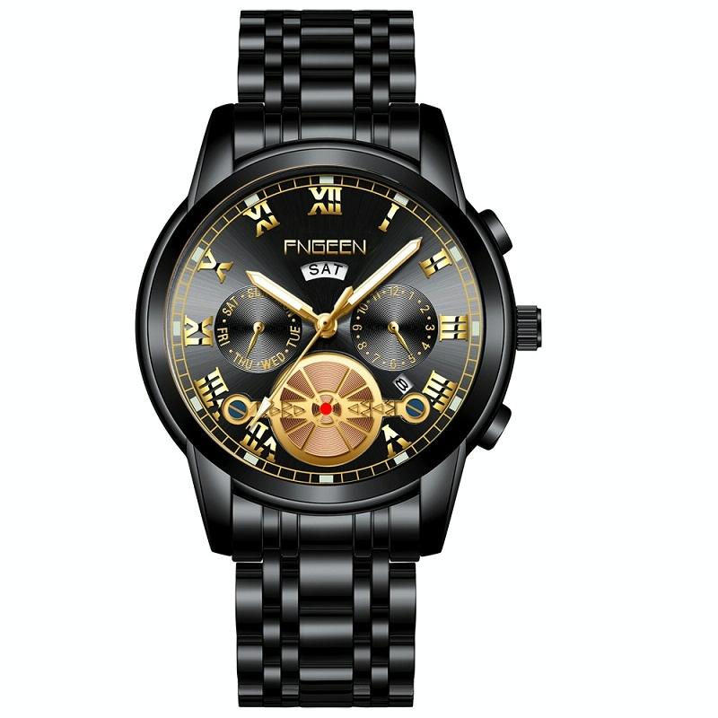 Men Multi-Function Quartz Watch - Black Steel With Gold Accents-1915198007868002304