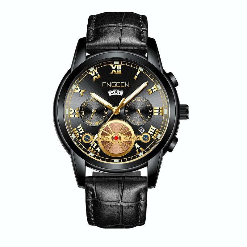 Men Multi-Function Quartz Watch - Black Leather And Steel With Black Surface-1915197471324246023