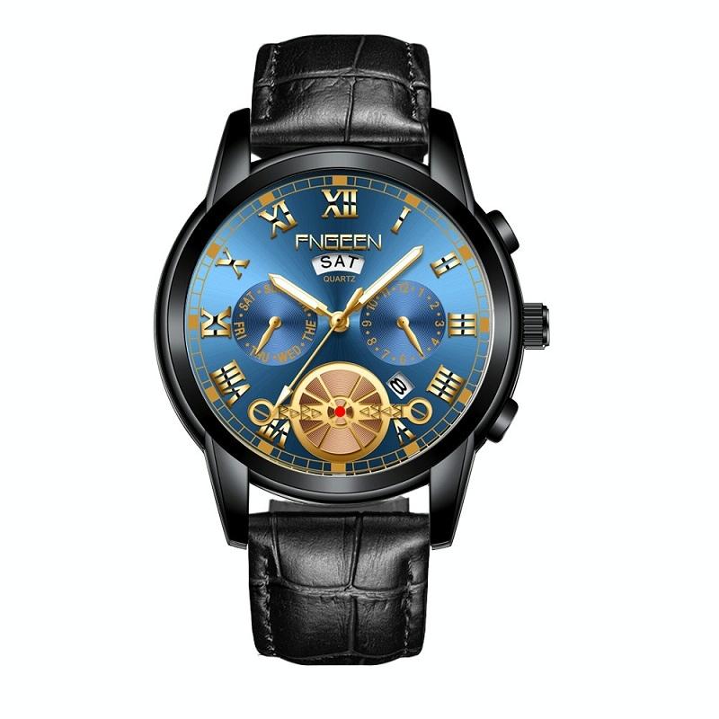 Men Multi-Function Quartz Watch With Black Leather Strap And Blue Dial-1915197199898251264